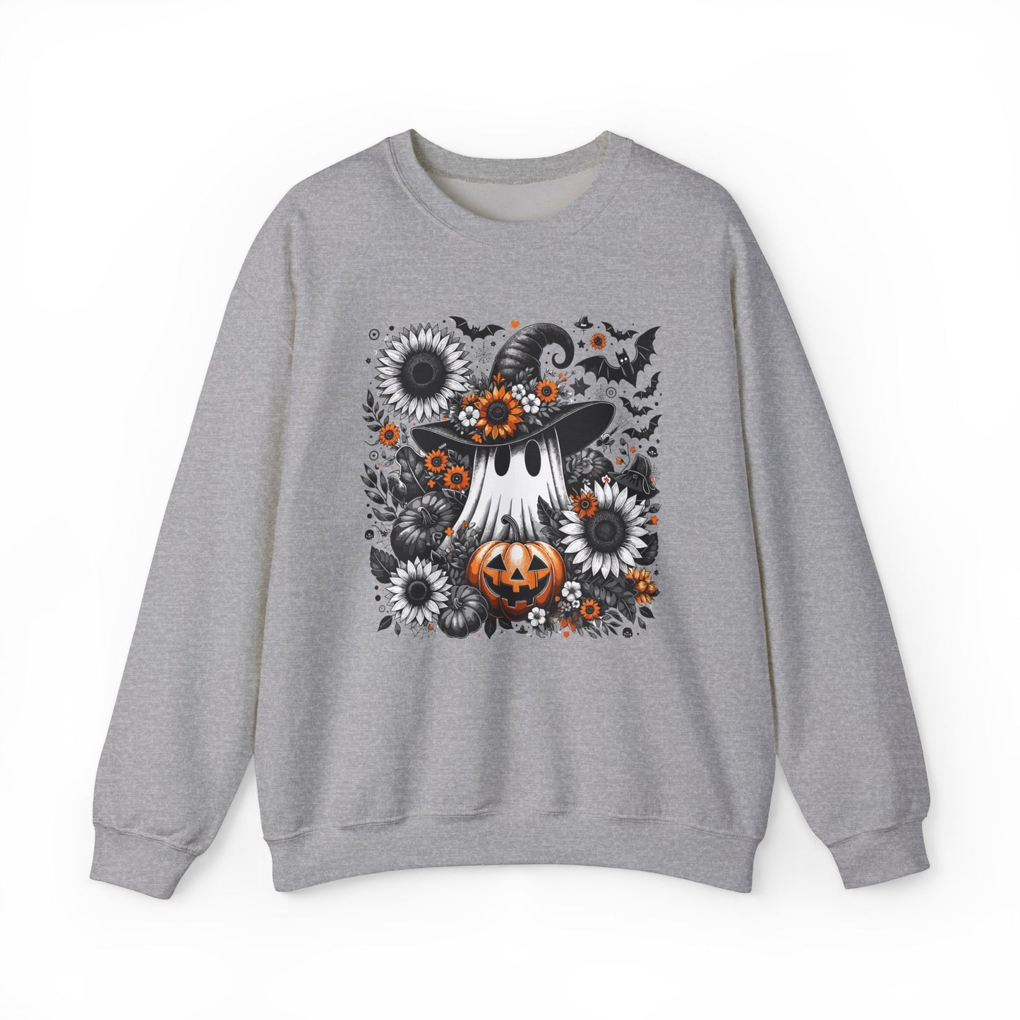 Spooky Ghosts & Floral Pumpkins Halloween Sweatshirt – Unisex Cozy Crewneck