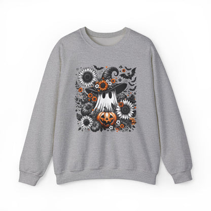 Spooky Ghosts & Floral Pumpkins Halloween Sweatshirt – Unisex Cozy Crewneck