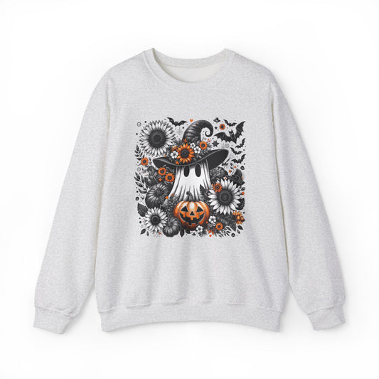 Spooky Ghosts & Floral Pumpkins Halloween Sweatshirt – Unisex Cozy Crewneck