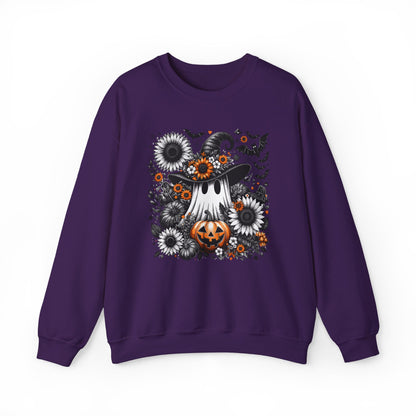 Spooky Ghosts & Floral Pumpkins Halloween Sweatshirt – Unisex Cozy Crewneck