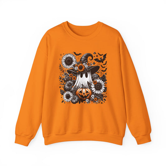 Spooky Ghosts & Floral Pumpkins Halloween Sweatshirt – Unisex Cozy Crewneck